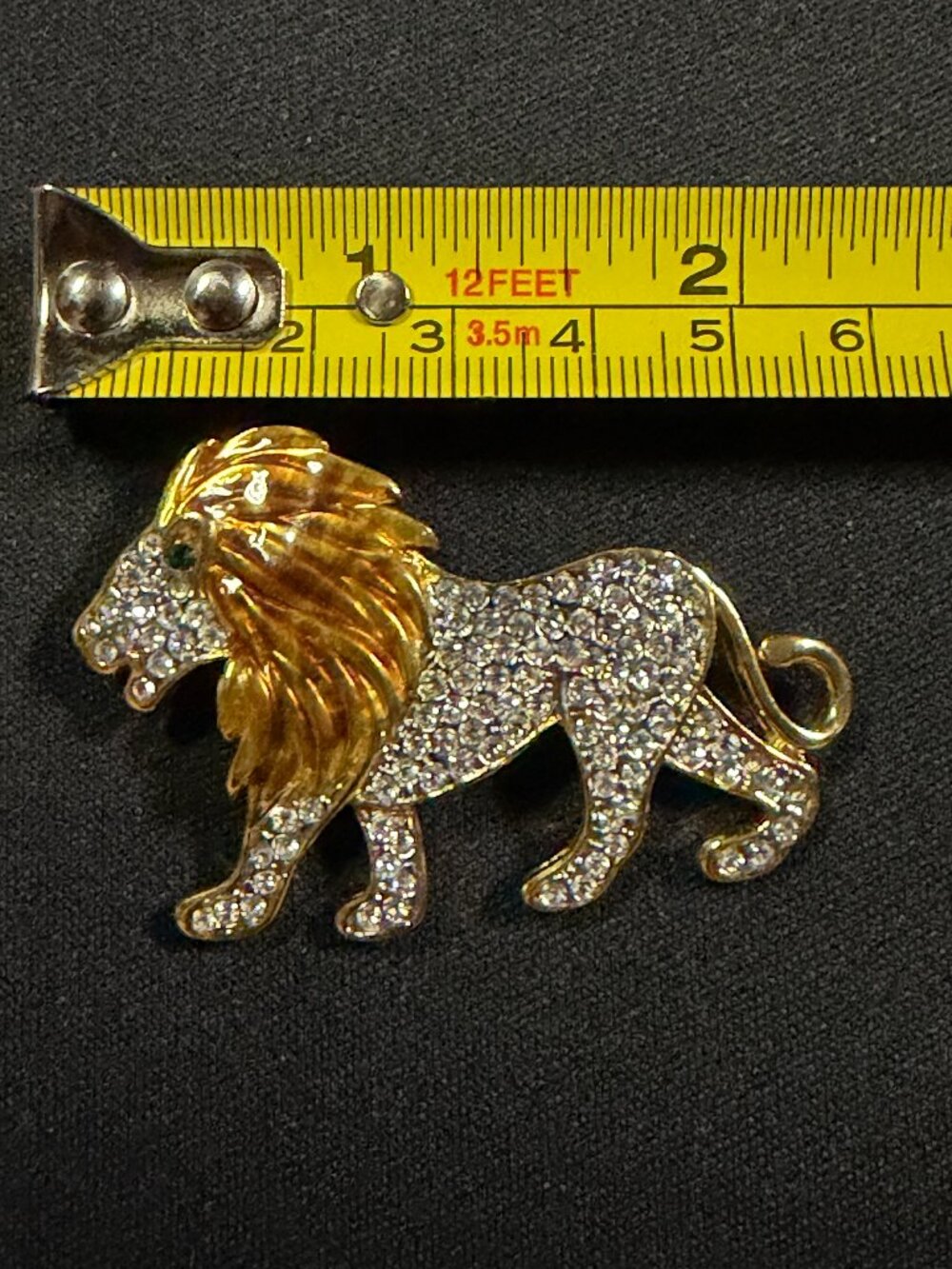 Gold Tone Rhinestone Lion Brooch Pin Green Eye Statement Jewelry